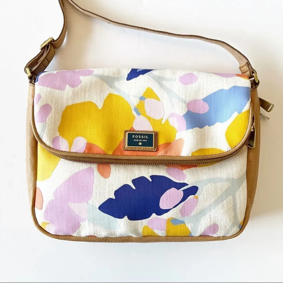 Fossil Preston Crossbody Colorful Botanical Print Leather Trim Expandable Spring - Picture 13 of 13